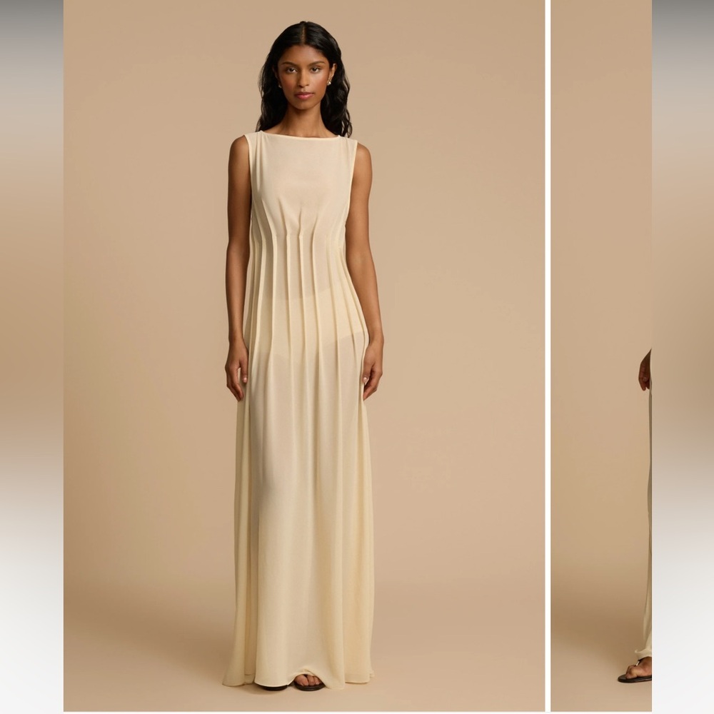 Sleeveless Cream Maxi Dress with Pleated Front